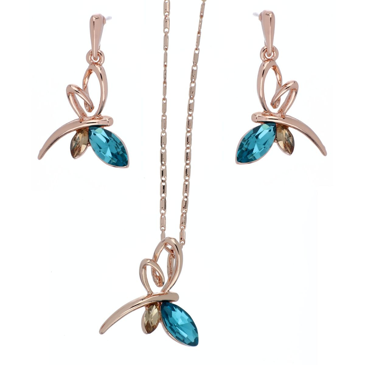 Juego Aretes+Dije con Cadena Libélula Piedra Verde Azulado Camilla