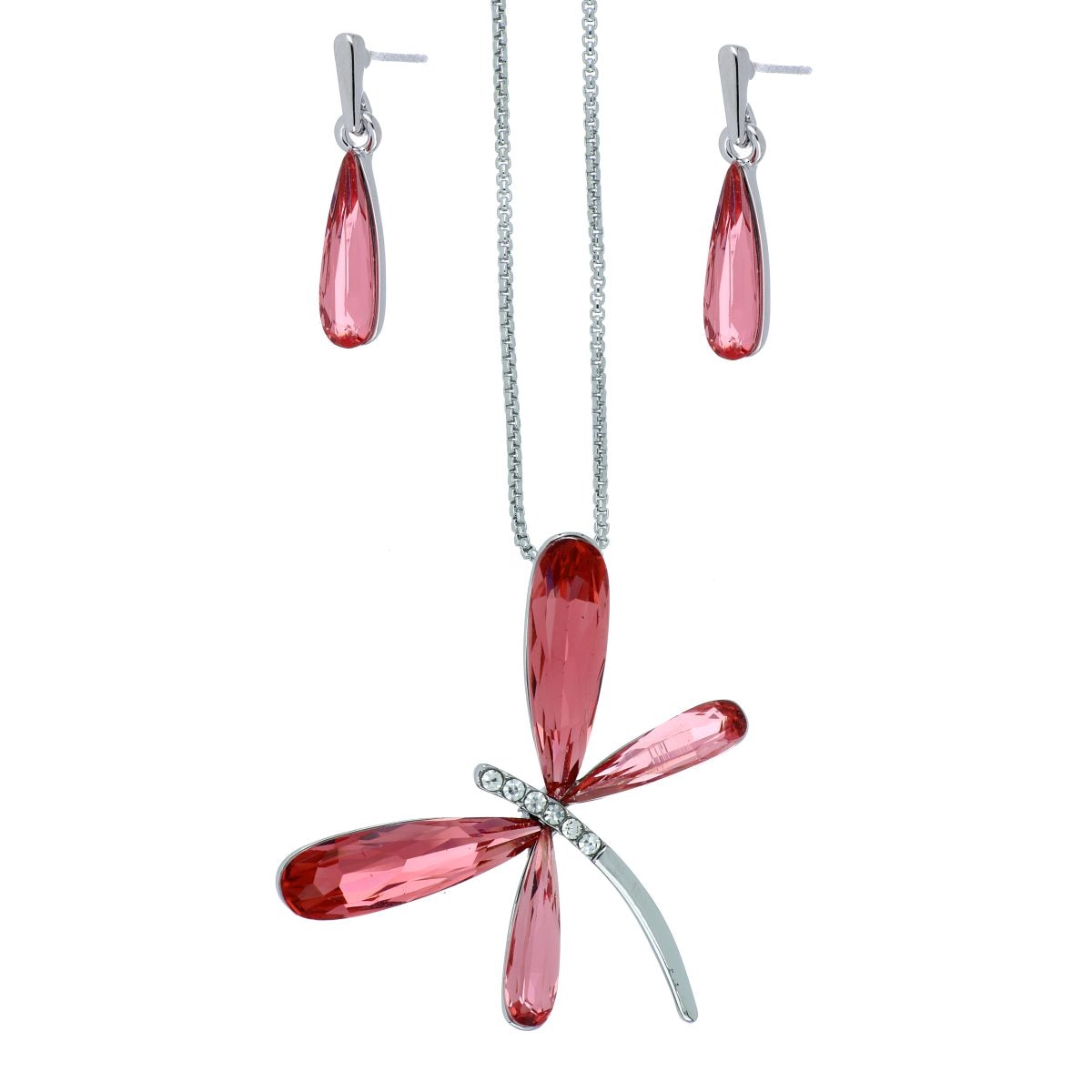 Juego Aretes+Dije con Cadena Libélula Piedra Rosa Claro Camilla