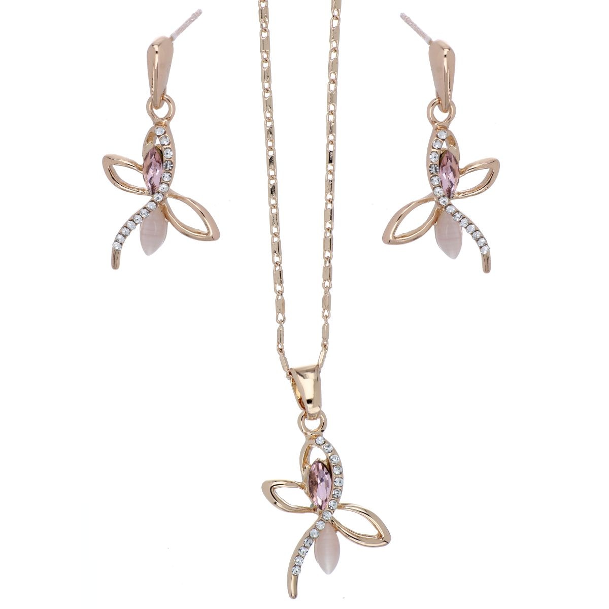 Juego Aretes+Dije con Cadena Libélula con Piedra Rosa Camilla