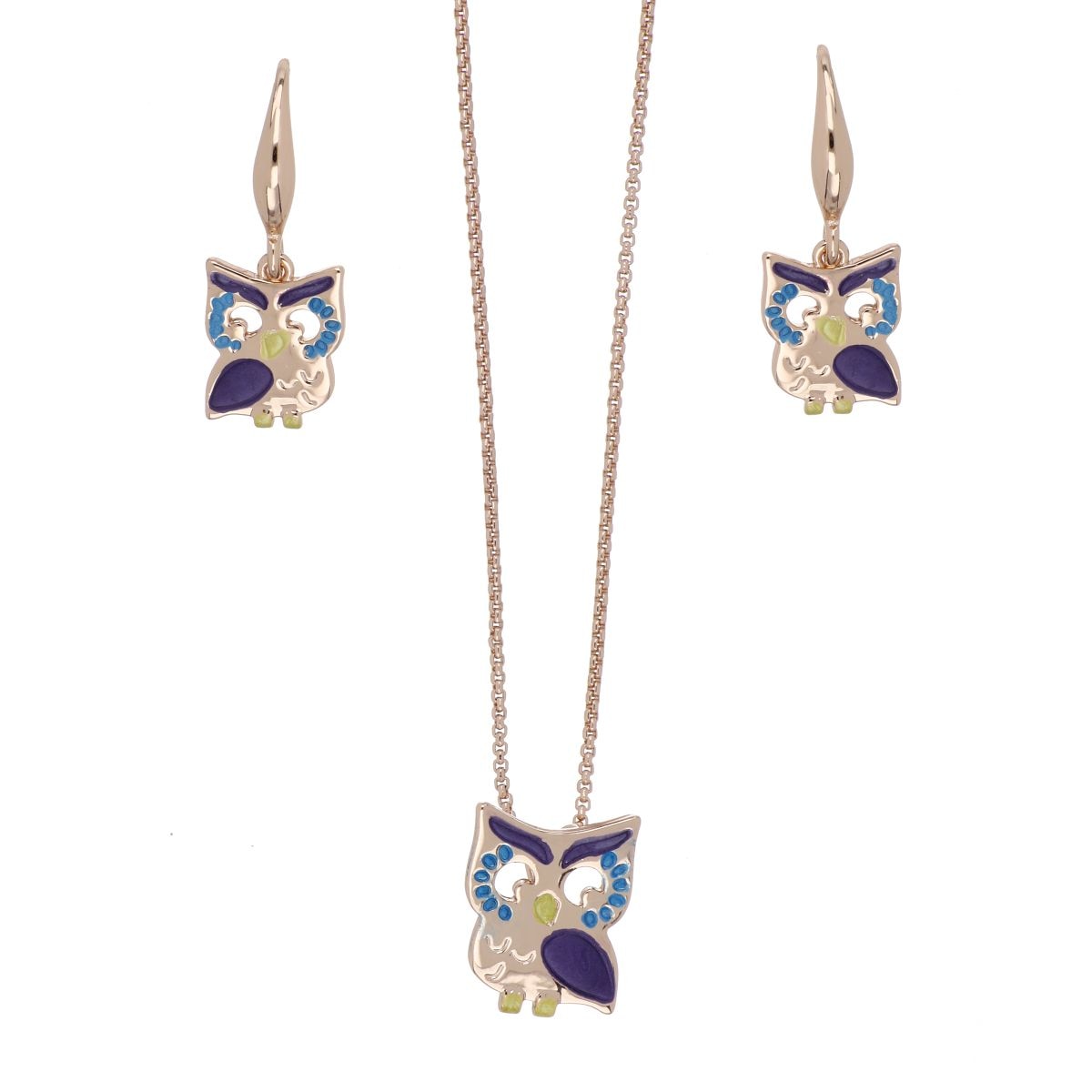 Set Aretes+Dije con Cadena Buhito Esmalte Azul Chapado Oro Rosa Korei