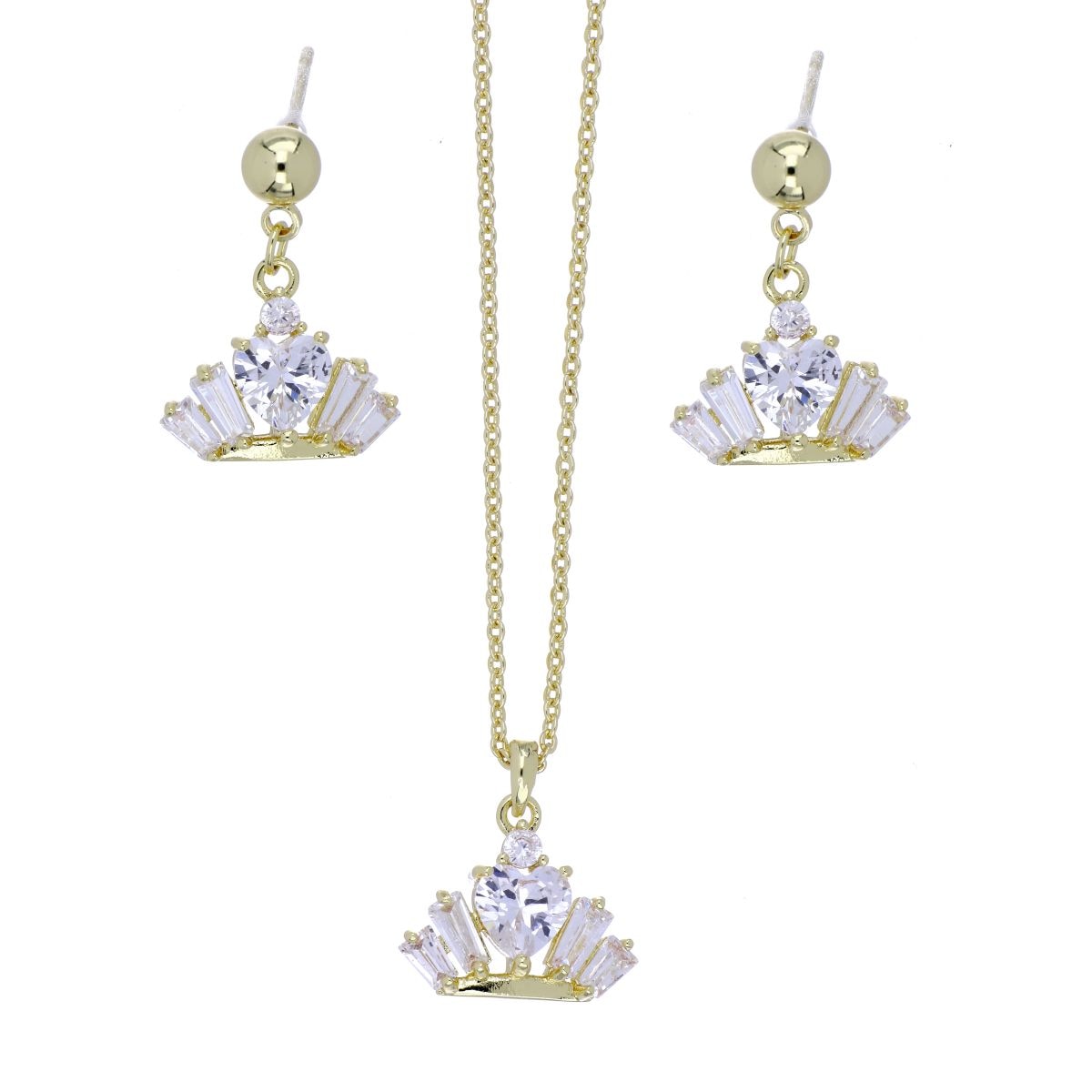 Set Aretes+Dije con Cadena Corona Circonita Blanca Chapado Oro Korei