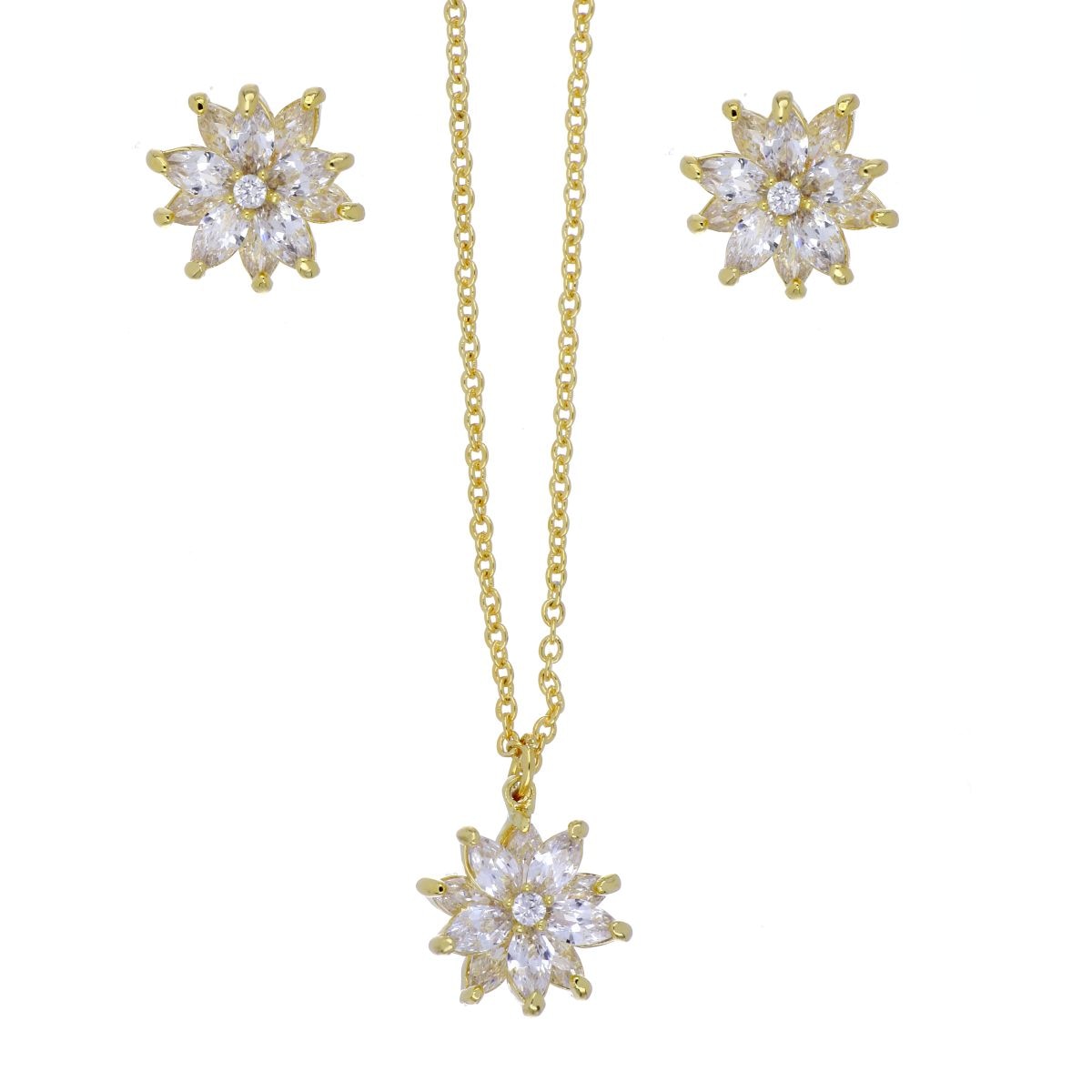 Set Aretes+Dije con Cadena Rosetón Circonita Blanca Chapado Oro Korei