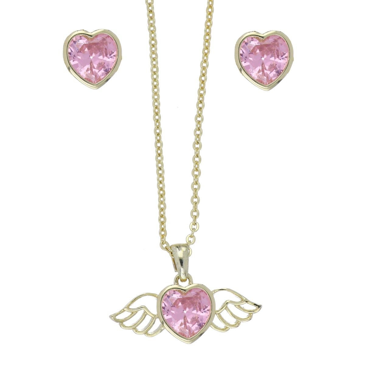 Set Aretes+Dije con Cadena Corazón Circonita Rosa Chapado Oro Korei