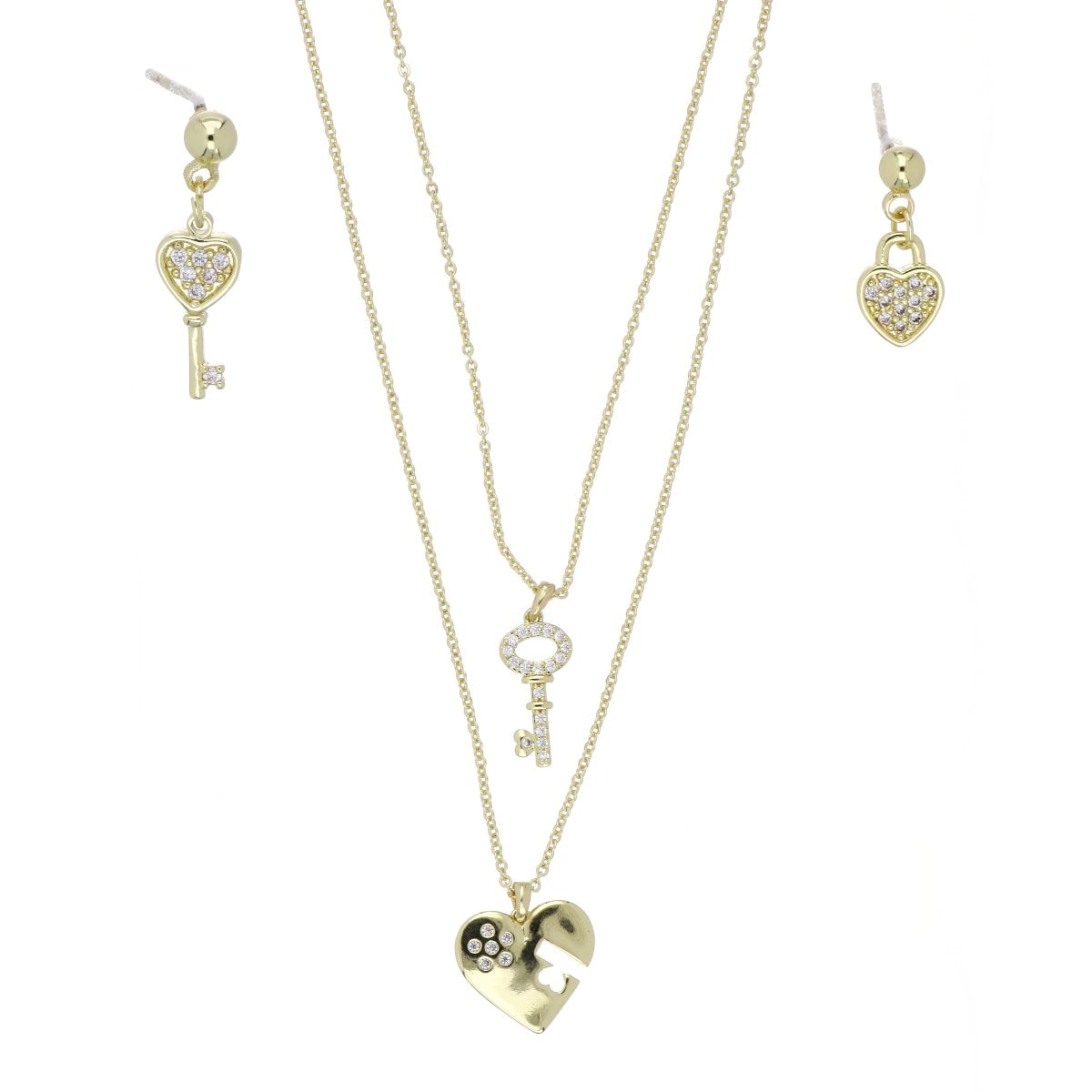 Set Aretes+Gargantilla Cadena Candado+Llave Circonita Blanca Chapado Oro Korei