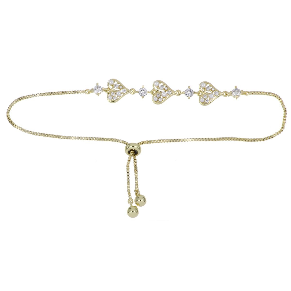 Pulsera Autoajustable Corazones Circonita Blanca Chapado Oro Korei