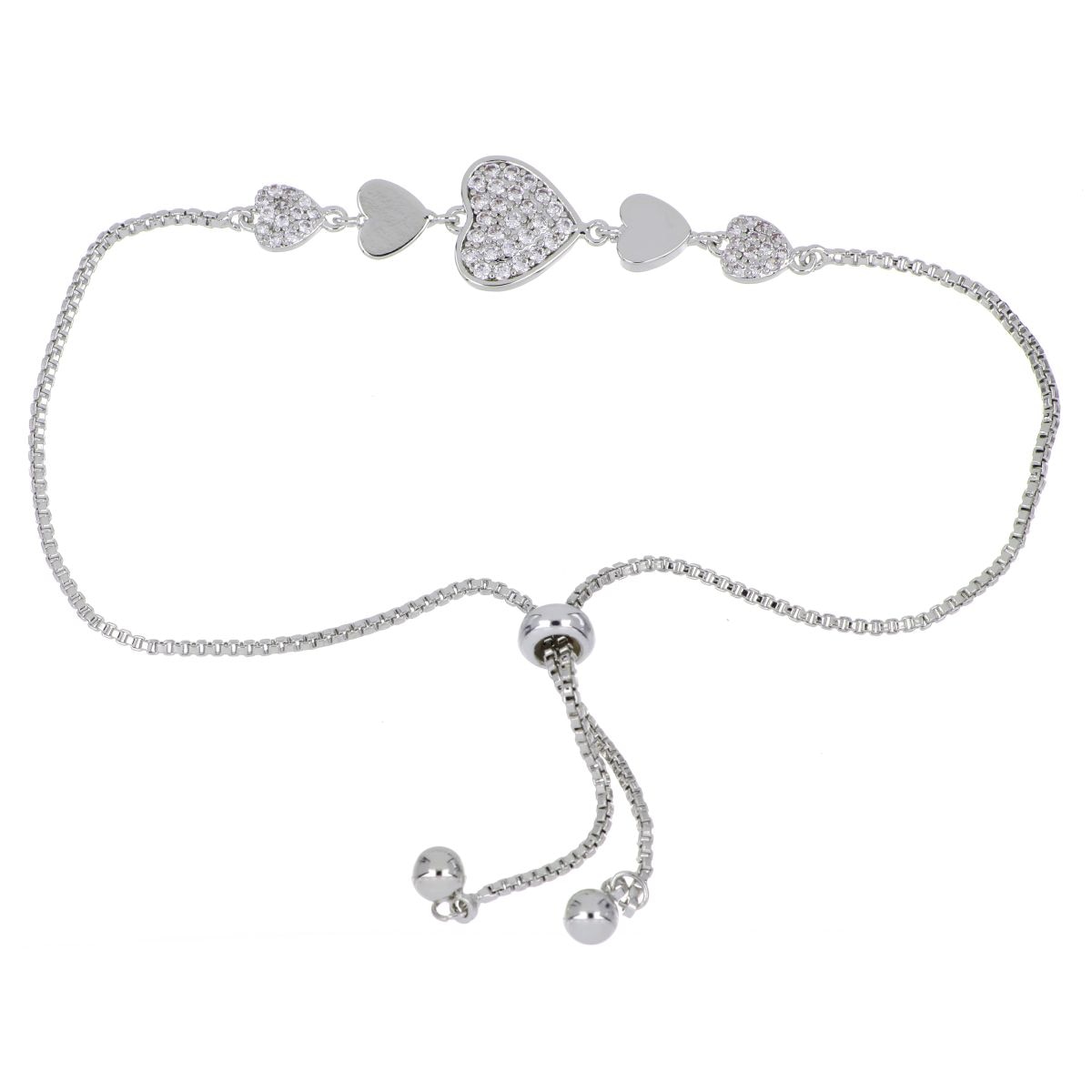 Pulsera Autoajustable Corazones Circonita Blanca Acabado Rodio Korei