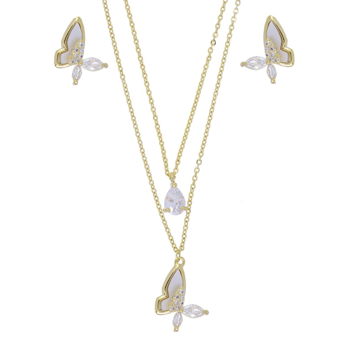 Set Aretes+Gargantilla Cadena Mariposa Madreperla Blanca Chapado Oro Korei