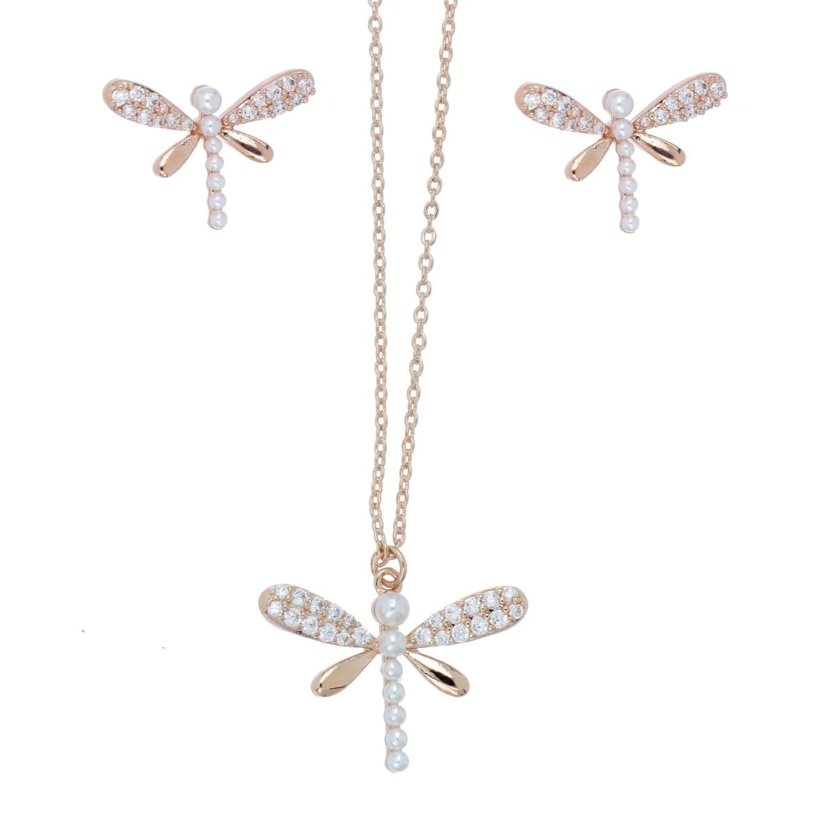 Set Aretes+Dije con Cadena Libélula Pelitas Blancas Chapado Oro Rosa Korei