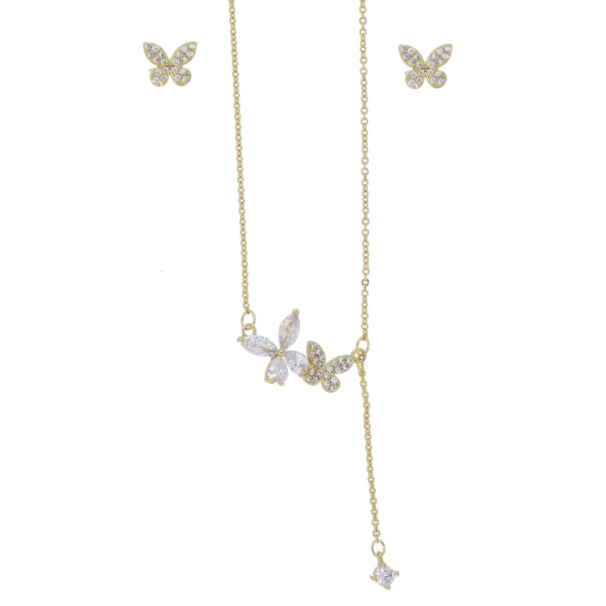 Set Aretes+Gargantillas Cadena Mariposa Circonita Blanca Chapado Oro Korei