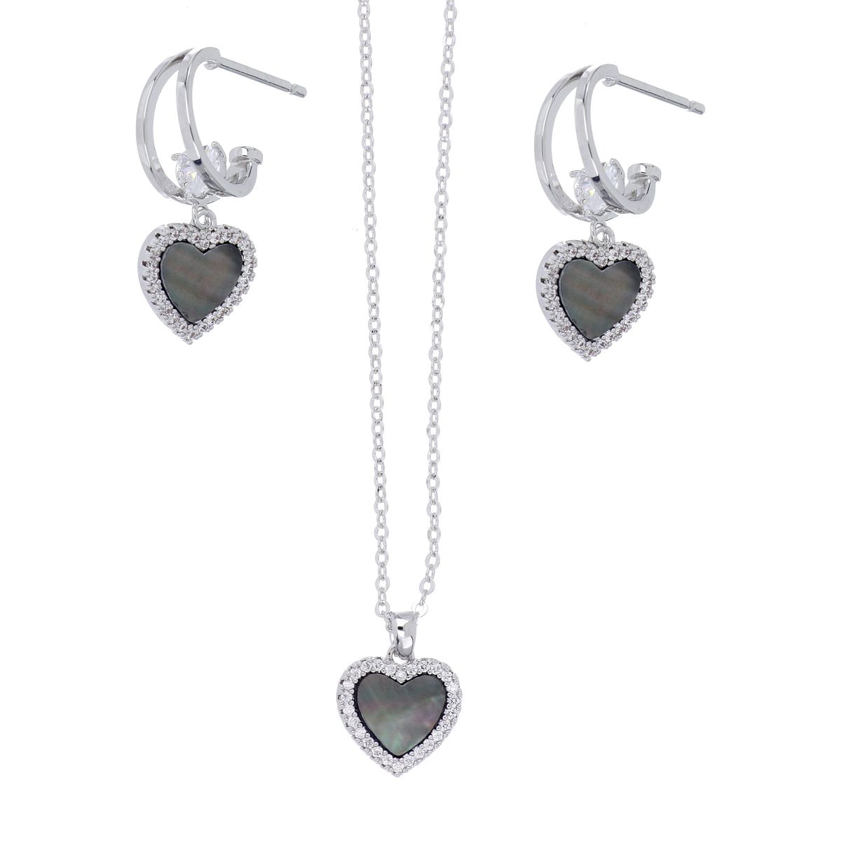Set Aretes+Dije con Cadena Corazón Madreperla Blanca Acabado Rodio Korei