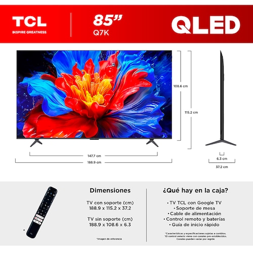 Pantalla Tcl Qled 85 Pulgadas 4K Google Tv 85Q7K