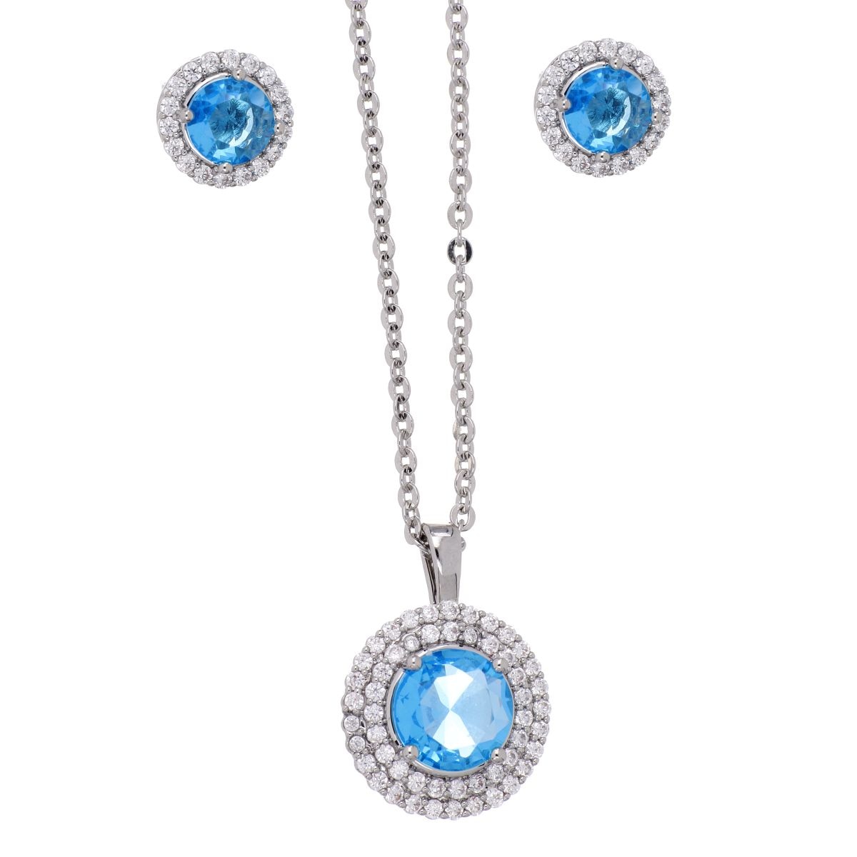 Set Aretes+Dije con Cadena Circonita Blue Topaz Acabado Rodio Farfalla Bonetti