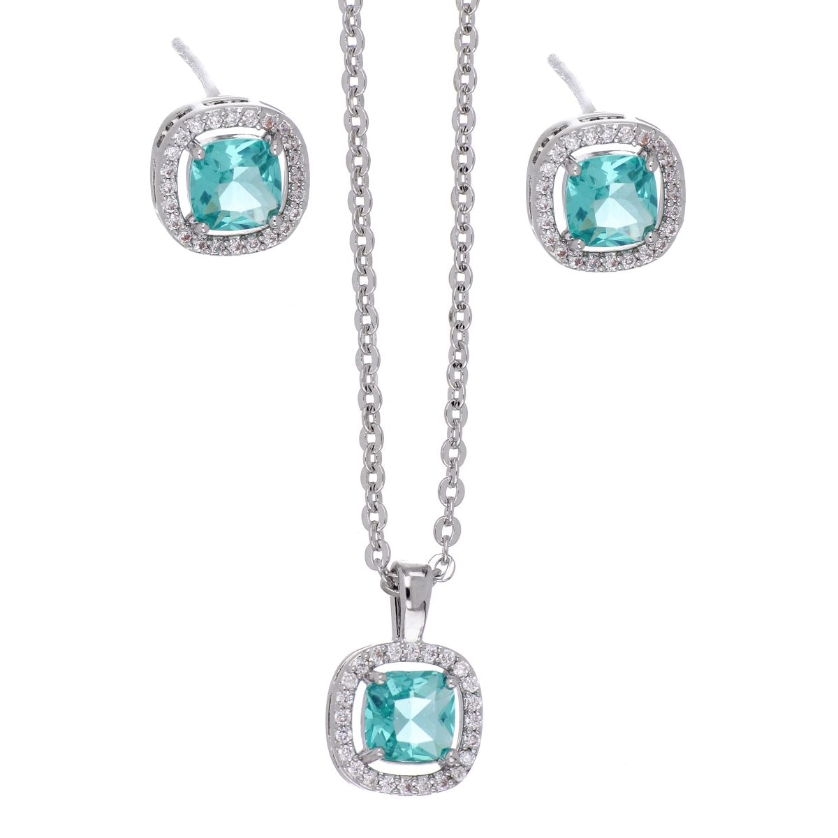 Set Aretes+Dije con Cadena Circonita Paraiba Acabado Rodio Farfalla Bonetti