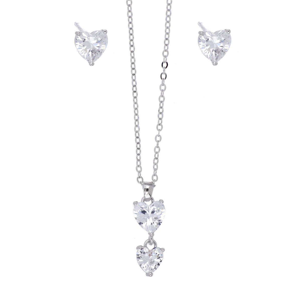 Set Aretes+Dije con Cadena Corazones Blancos Acabado Rodio Farfalla Bonetti