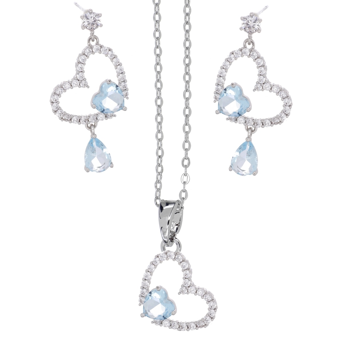 Set Aretes+Dije con Cadena Corazones Aquamarina Acabado Rodio Farfalla Bonetti