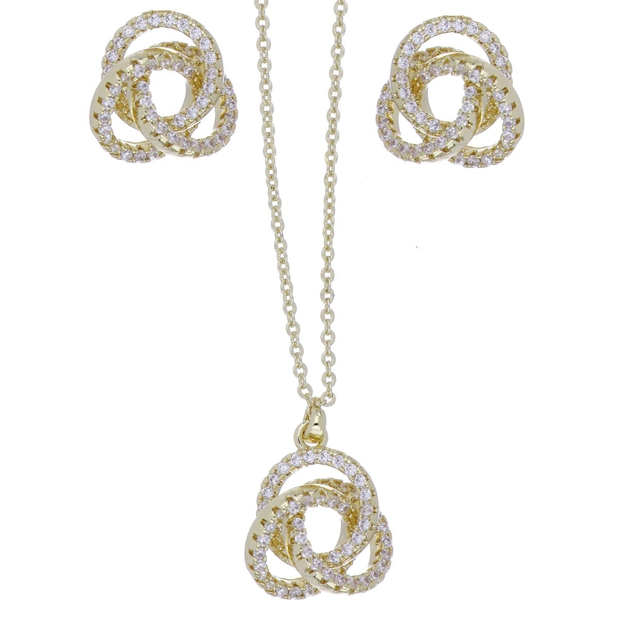 Set Aretes+Dije con Cadena Aros Entrelazados Circonita Blanca Chapado Oro Farfalla Bonetti