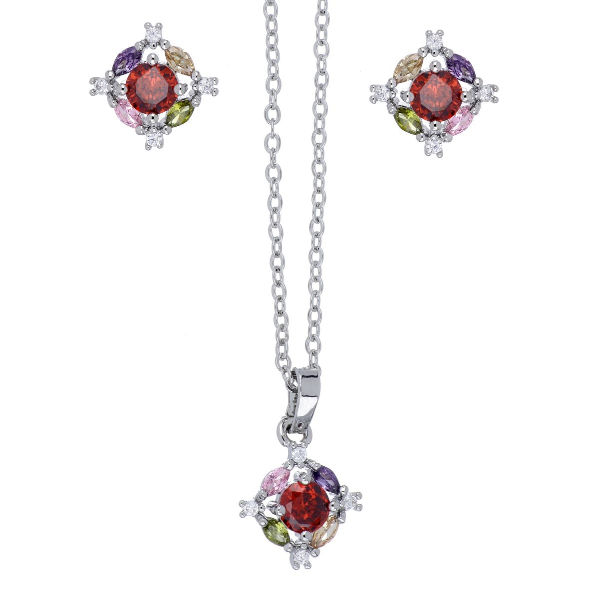 Set Aretes+Dije con Cadena Circonita Multicolor Acabado Rodio Farfalla Bonetti