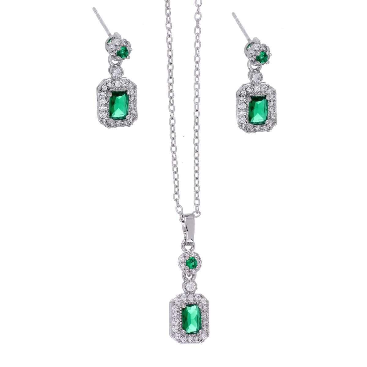 Set Aretes+Dije con Cadena Circonita Esmeralda Acabado Rodio Farfalla Bonetti