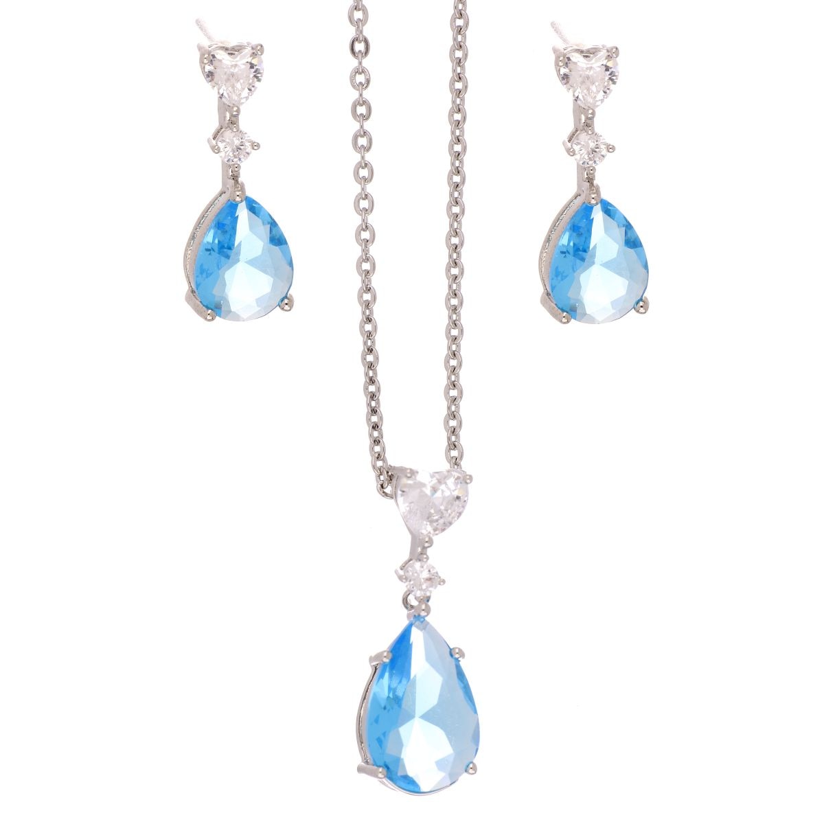 Set Aretes+Dije con Cadena Circonita Aquamarina Acabado Rodio Farfalla Bonetti