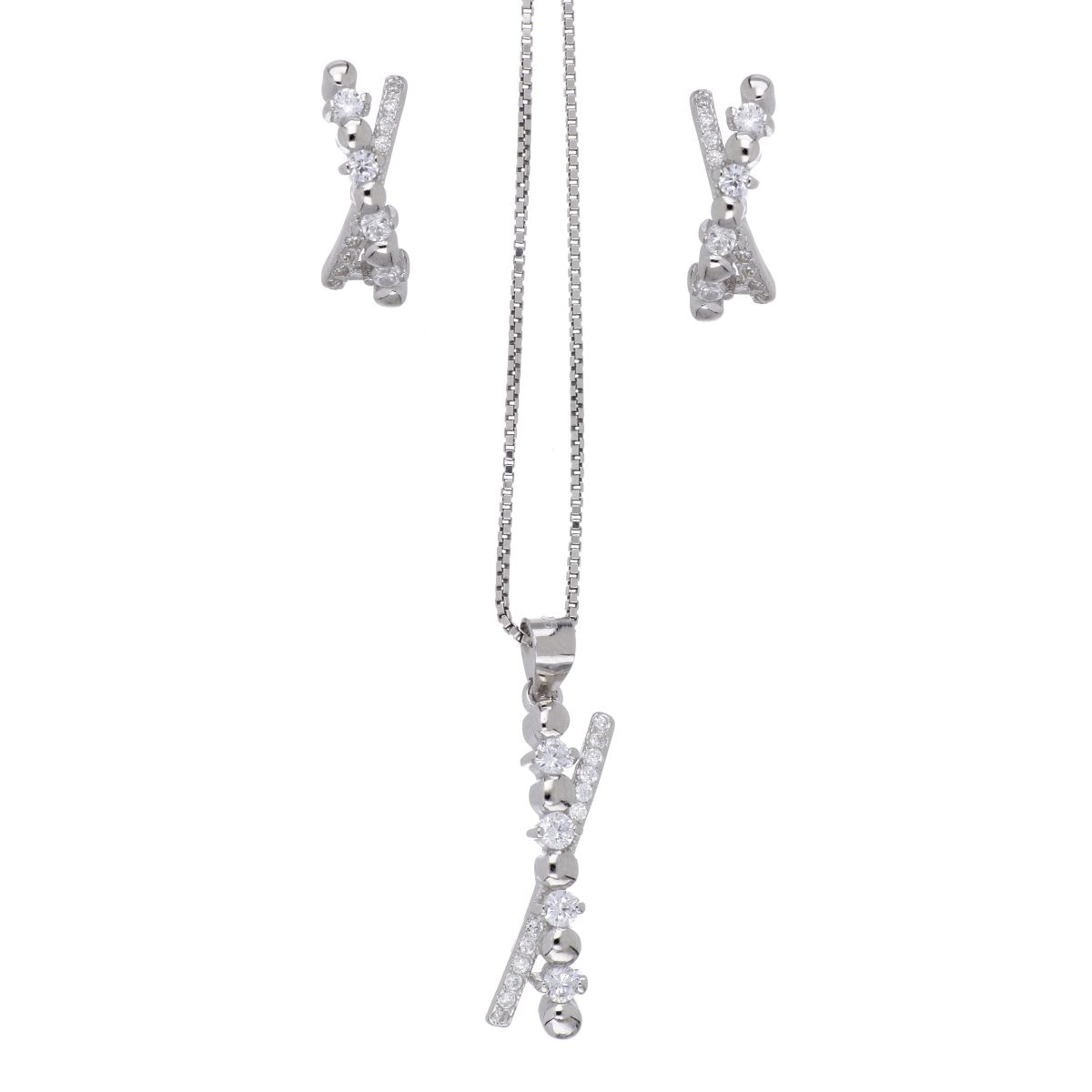 Set Arete+Dije con Cadena Equis Circonita Blanca Plata 925 Farfalla Bonetti
