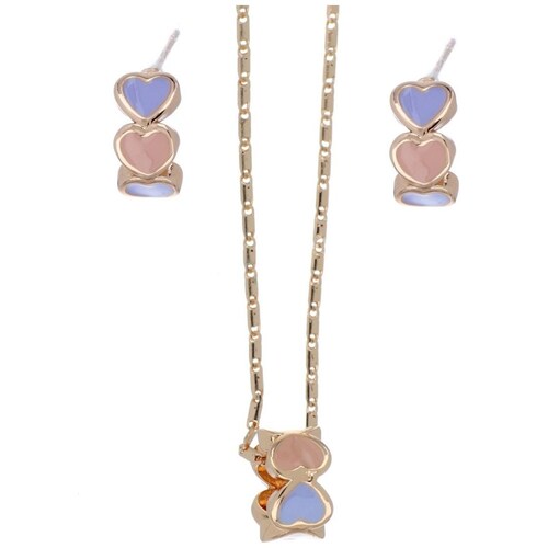 Set Arete+Dije con Cadena Corazones Esmalte Chapado Oro Rosa Korei