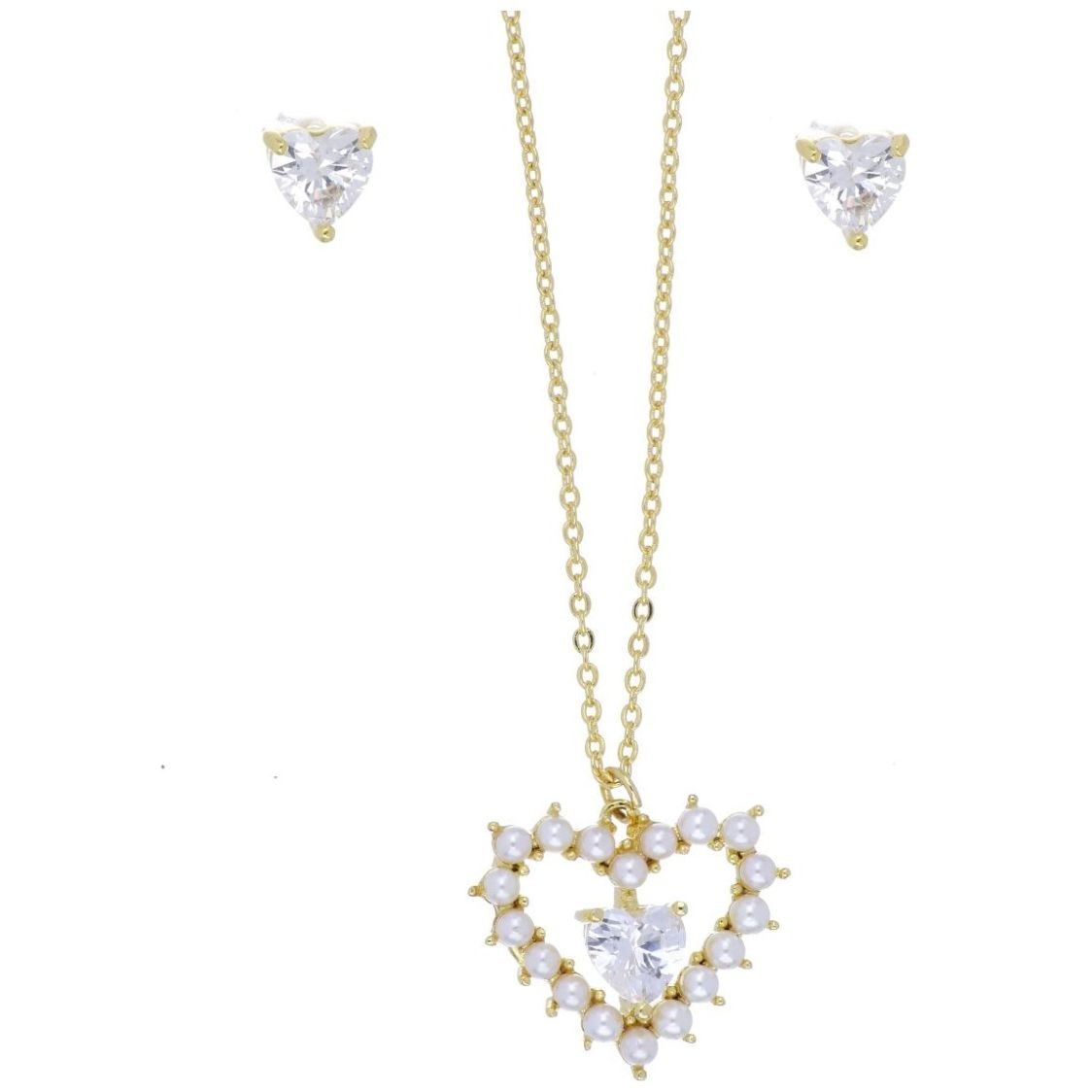 Set Aretes+Dije con Cadena Corazón Circonita Blanca Chapado Oro Korei