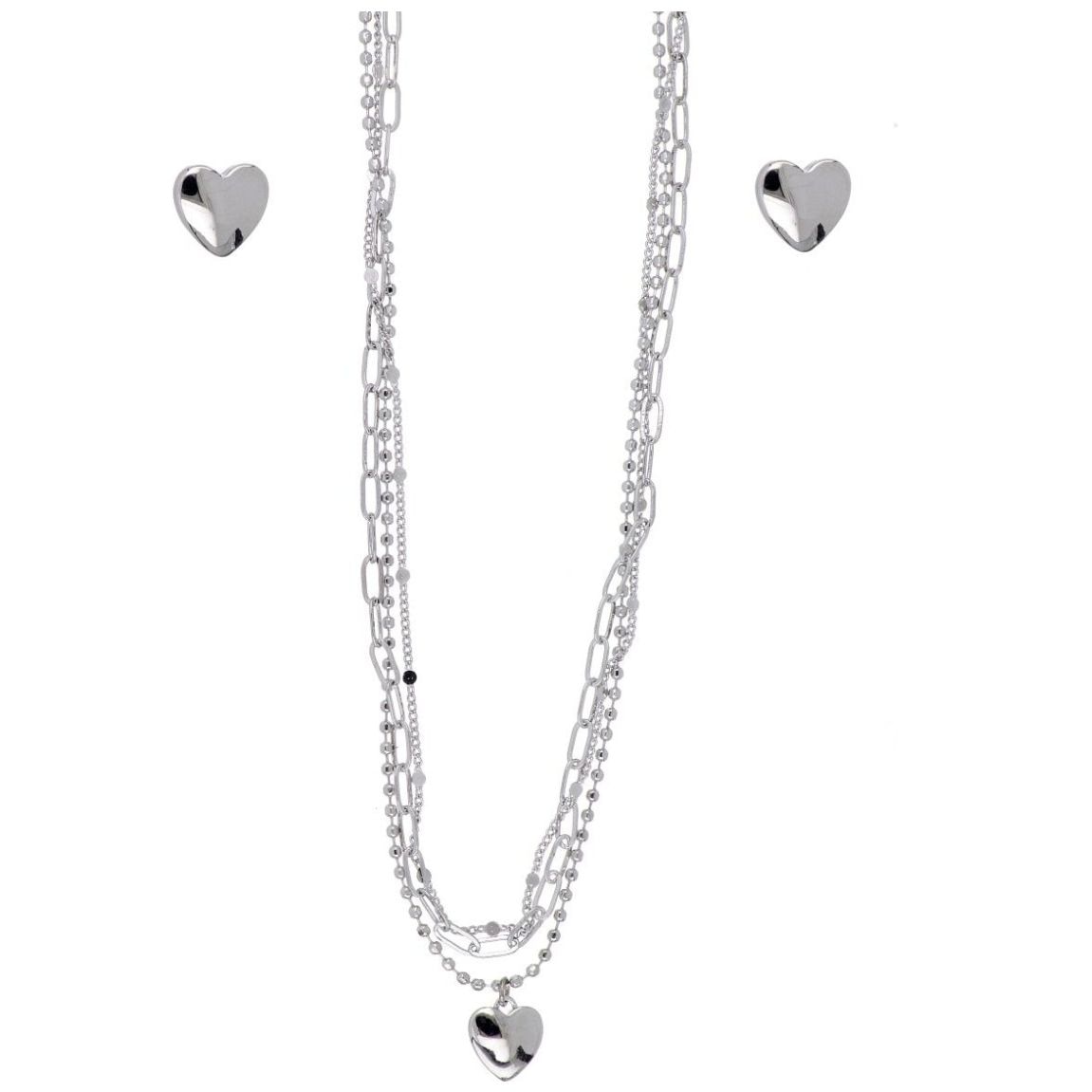 Set Aretes+Gargantilla Triple Cadena Dije Corazón Acabado Rodio Korei