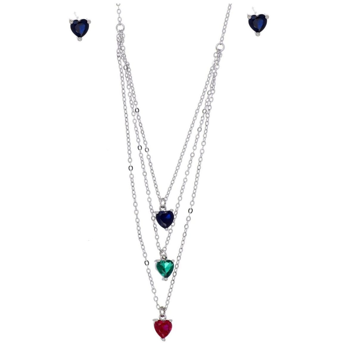 Set Aretes+Gargantilla Triple Cadena Dije Corazón Acabado Rodio Korei