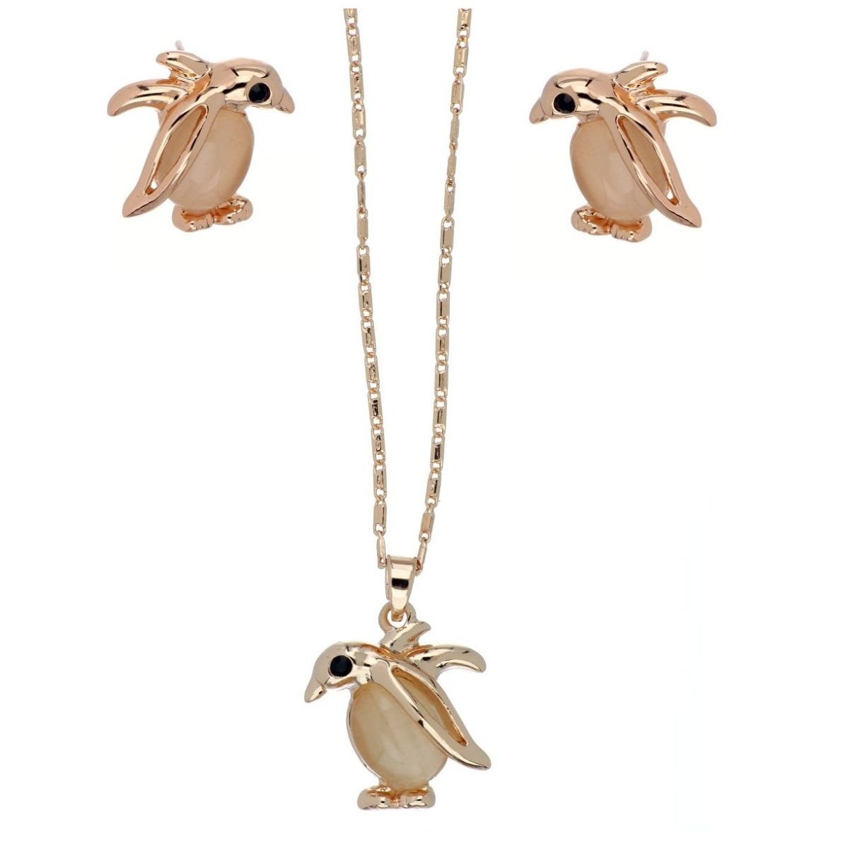 Juego Arete+Dije con Cadena Pingüino Piedra Rosa Camilla