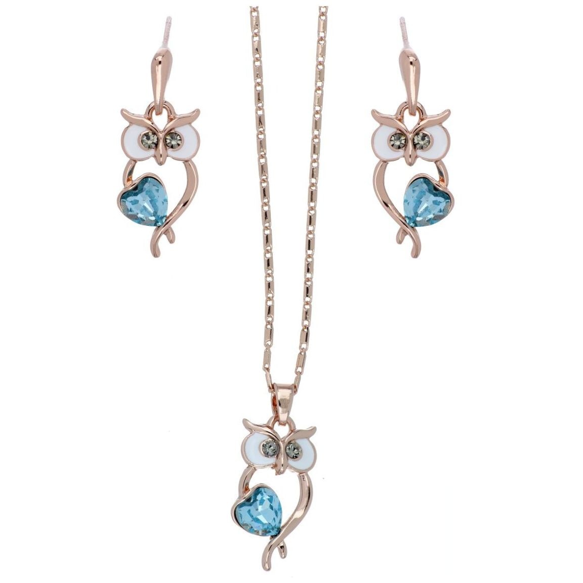 Juego Arete+Dije con Cadena Buhito Piedra Corazón Aquamarina Camilla
