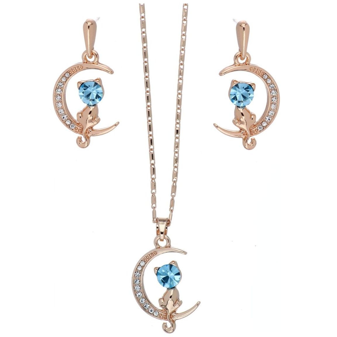 Juego Arete+Dije con Cadena Gatito Aquamarina Camilla