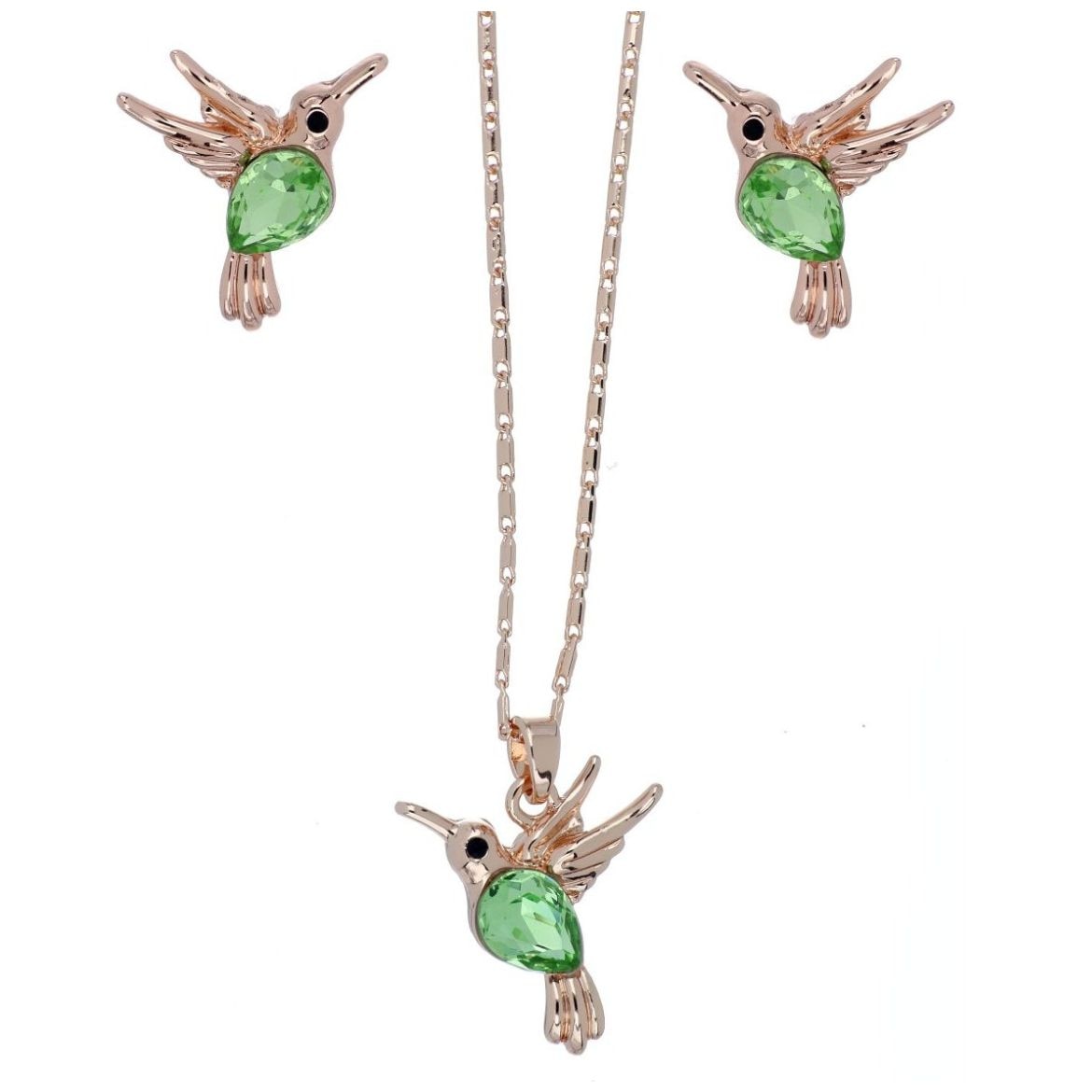Juego Arete+Dije con Cadena Pajarito Piedra Peridot Camilla