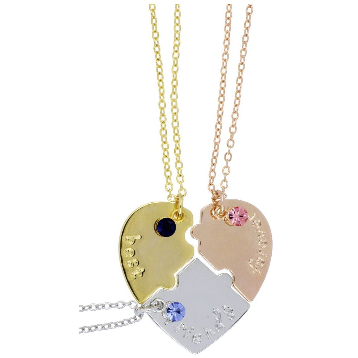 Juego 3 Dijes con Cadena Corazón Best Friend Forever Chapado Oro, Rodio y Oro Rosa Korei