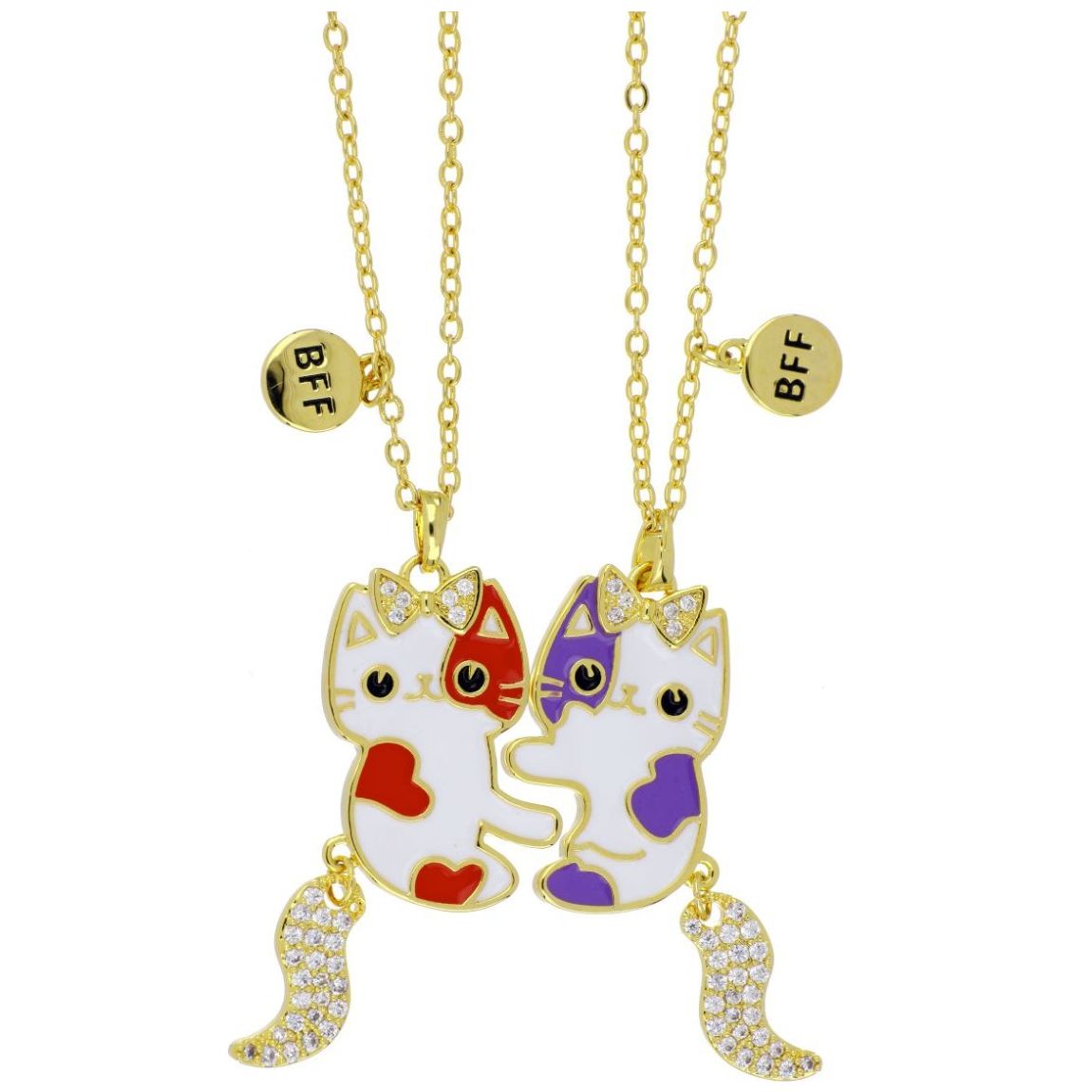 Juego 2 Dijes con Cadena Gatitas Best Friend Forever Esmalte Blanco Chapado Oro Korei