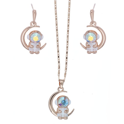 Juego Aretes+Dije con Cadena Astronauta Piedra Aurora Boreal Camilla