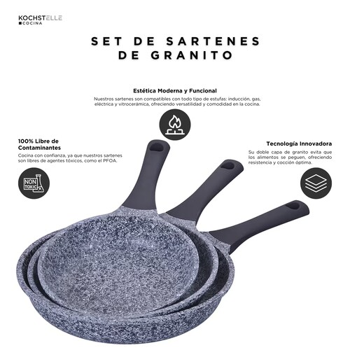 Set de 3 Sartenes Antiadherentes de Granito Gris Kochtelle