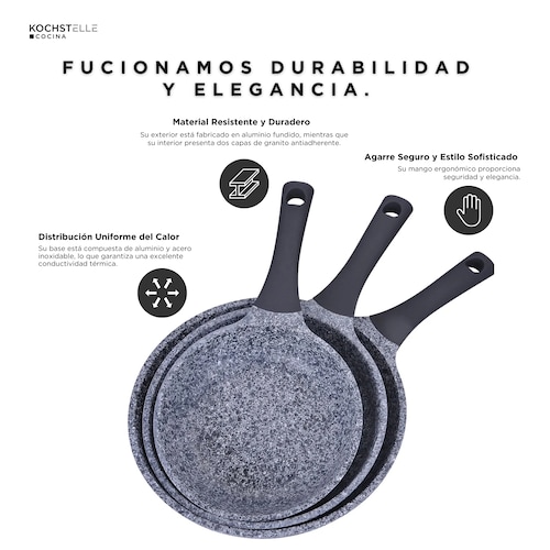 Set de 3 Sartenes Antiadherentes de Granito Gris Kochtelle