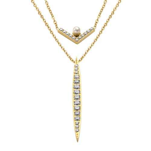 Collar Doble Cadena Circonias Perla Dorado Enso para Mujer