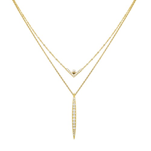 Collar Doble Cadena Circonias Perla Dorado Enso para Mujer