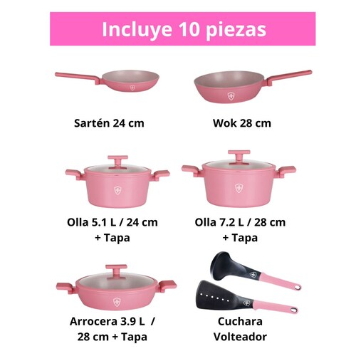 Batería Rosa de Cocina 10 Piezas Hsm