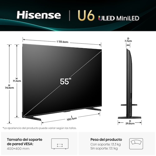Pantalla Hisense 55 Pulgadas 4K Miniled 55U6Qv
