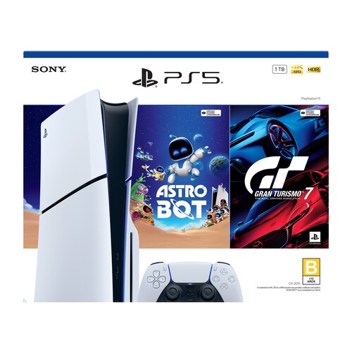 Consola Playstation 5 con Astro Bot y Gran Turismo 7