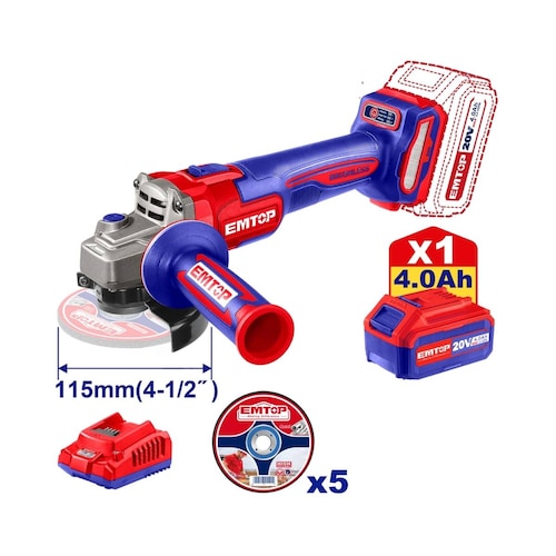 Esmeriladora Inalámbrica Brushless, Velocidad Variable 20 V Incluye Discos, Batería 4.0 Ah y Cargador