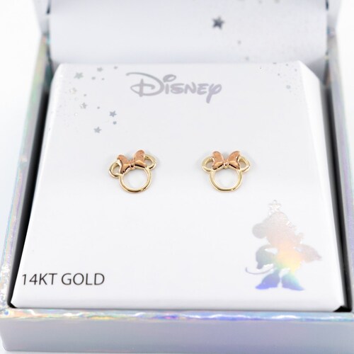 Aretes Silueta Minnie Moño Rosa Oro 14 K Disney