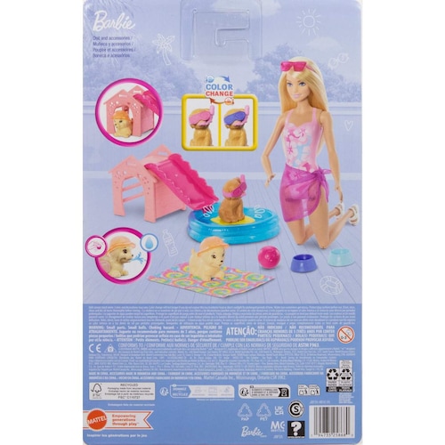 Barbie Fiesta De Cachorros En La Piscina – Conjunto Con Muñeca, Tobogán, Piscina De Corazón, Dos Perros Y 6 Accesorios – Cambio De Color Con Agua (JBF35)