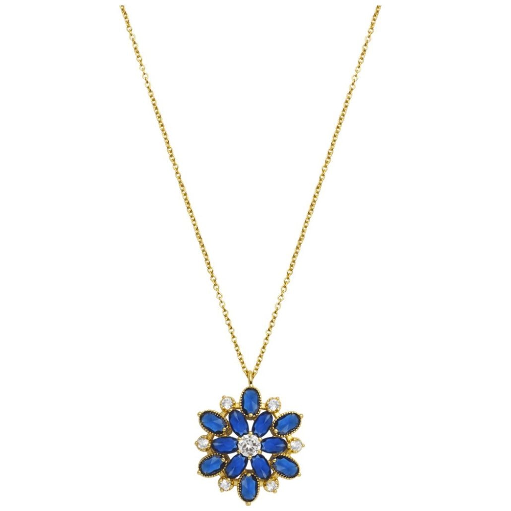 Dije con Cadena de Flor con Cubic Cz Zafiro Queen Victoria