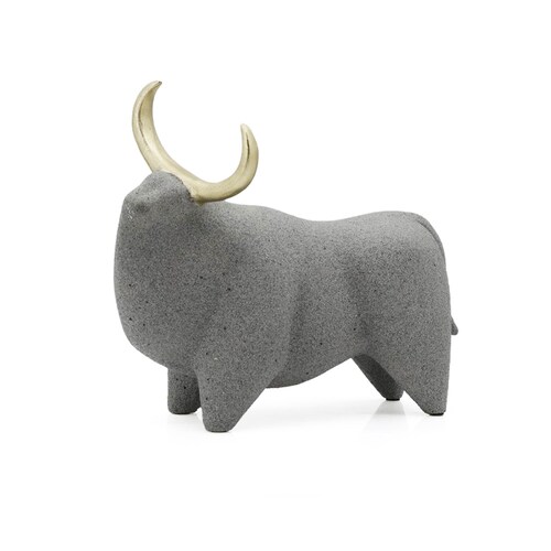 Figura Decorativa Toro Gris Y Dorado Grande Mideko