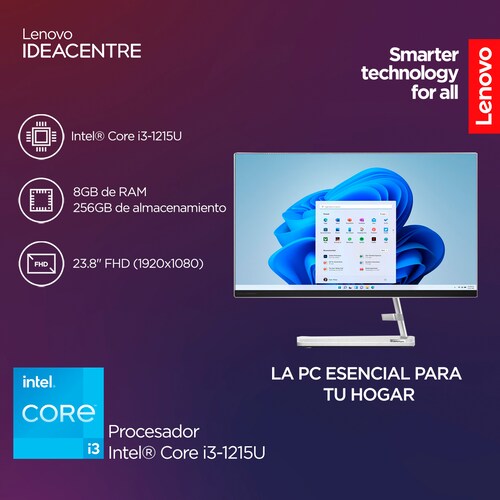 All In One Lenovo Ideacentre, 23.8" Fhd Intel Core I3, 8Gb Ram 256Gb Ssd