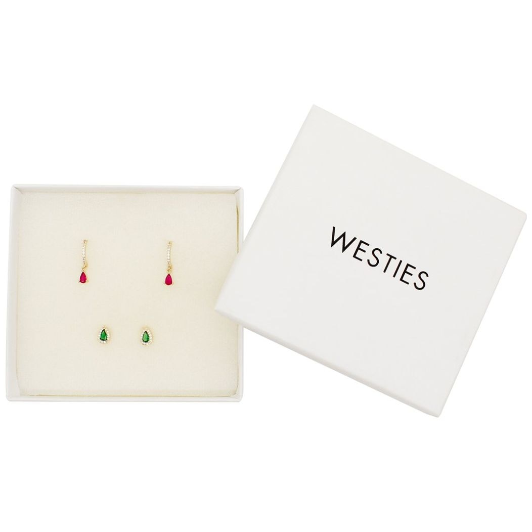 Studs de Gota Esmeralda Pave Y Huggies con Gota Color Fucsia Westies