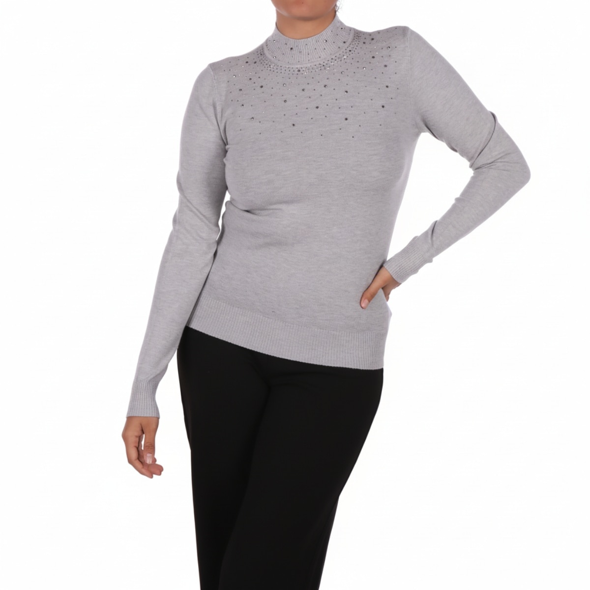 Suéter Mujer Cuello Alto Gris con Pedrería Apostrophe
